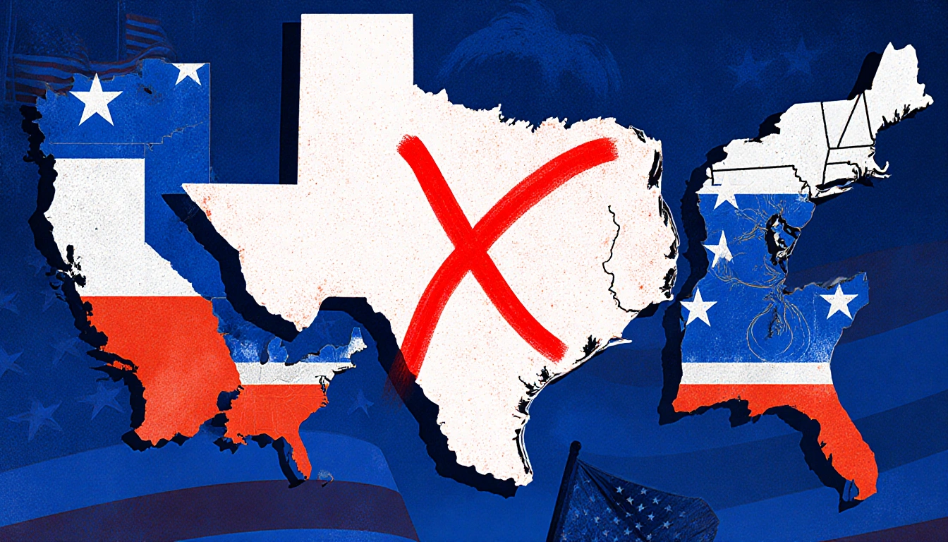 Collage illustrates state election maps with bold Texas map marked by a red X and Georgia map in top right