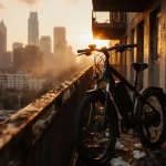 Smoldering electric bike leans against charred balcony railing with flames licking and Austin skyline glows behind