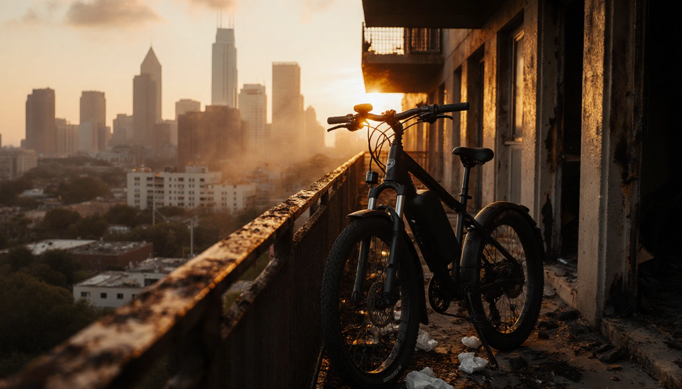 Smoldering electric bike leans against charred balcony railing with flames licking and Austin skyline glows behind