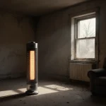 Electric space heater glowing alone in dusty living room with winter gloom and gray shadows