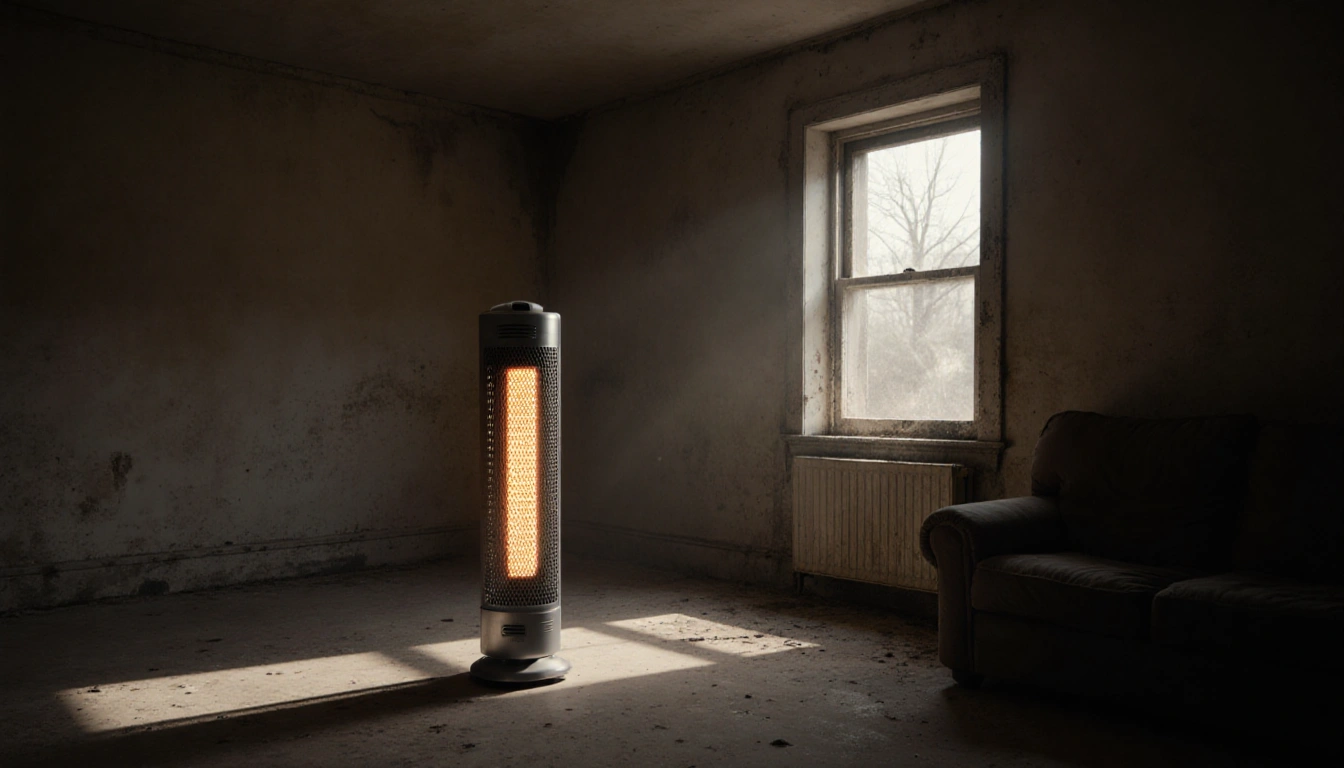 Electric space heater glowing alone in dusty living room with winter gloom and gray shadows