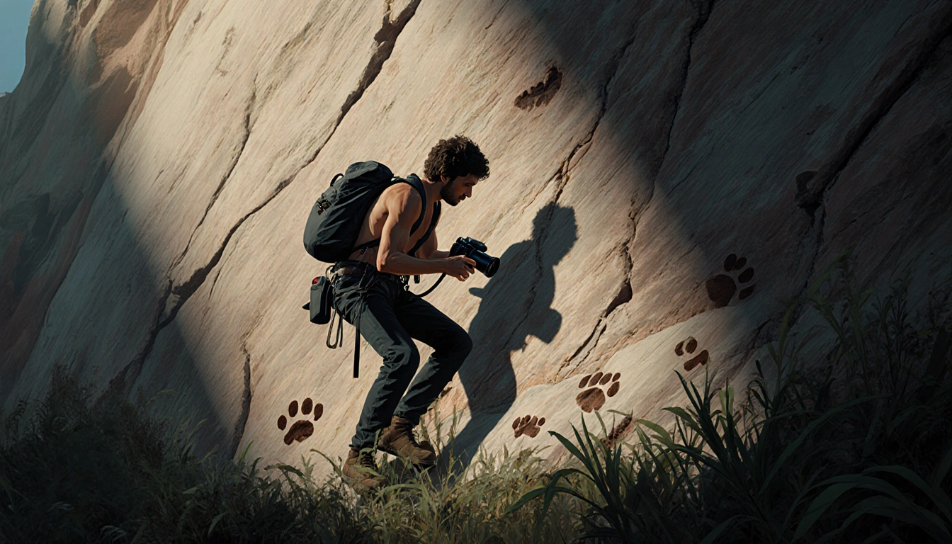Elio Della Ferrera climbing a shaded rock face with a camera in hand and dinosaur footprints in foreground