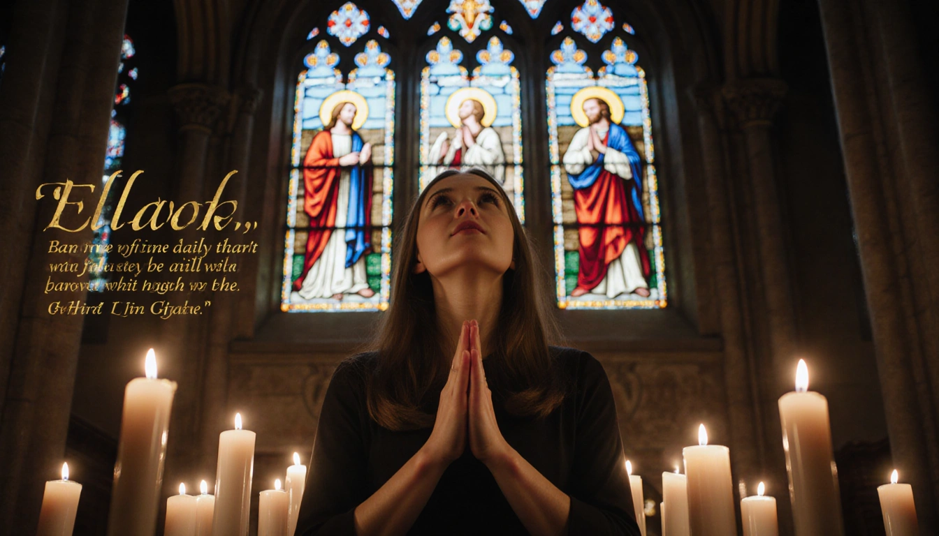 Ella Cook standing in church with candles and stained glass windows looking upward toward faith with a golden quote above.