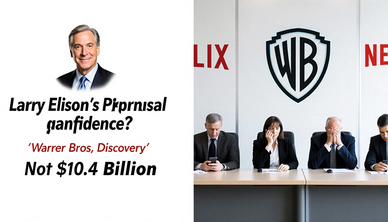 Larry Ellison's guarantee shines on a white boardroom while Warner board members stare at phones beside a faint Netflix deal.