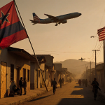 ELN rebel red flag waves over storefronts with a US transport plane taking off in the background and casting long shadows