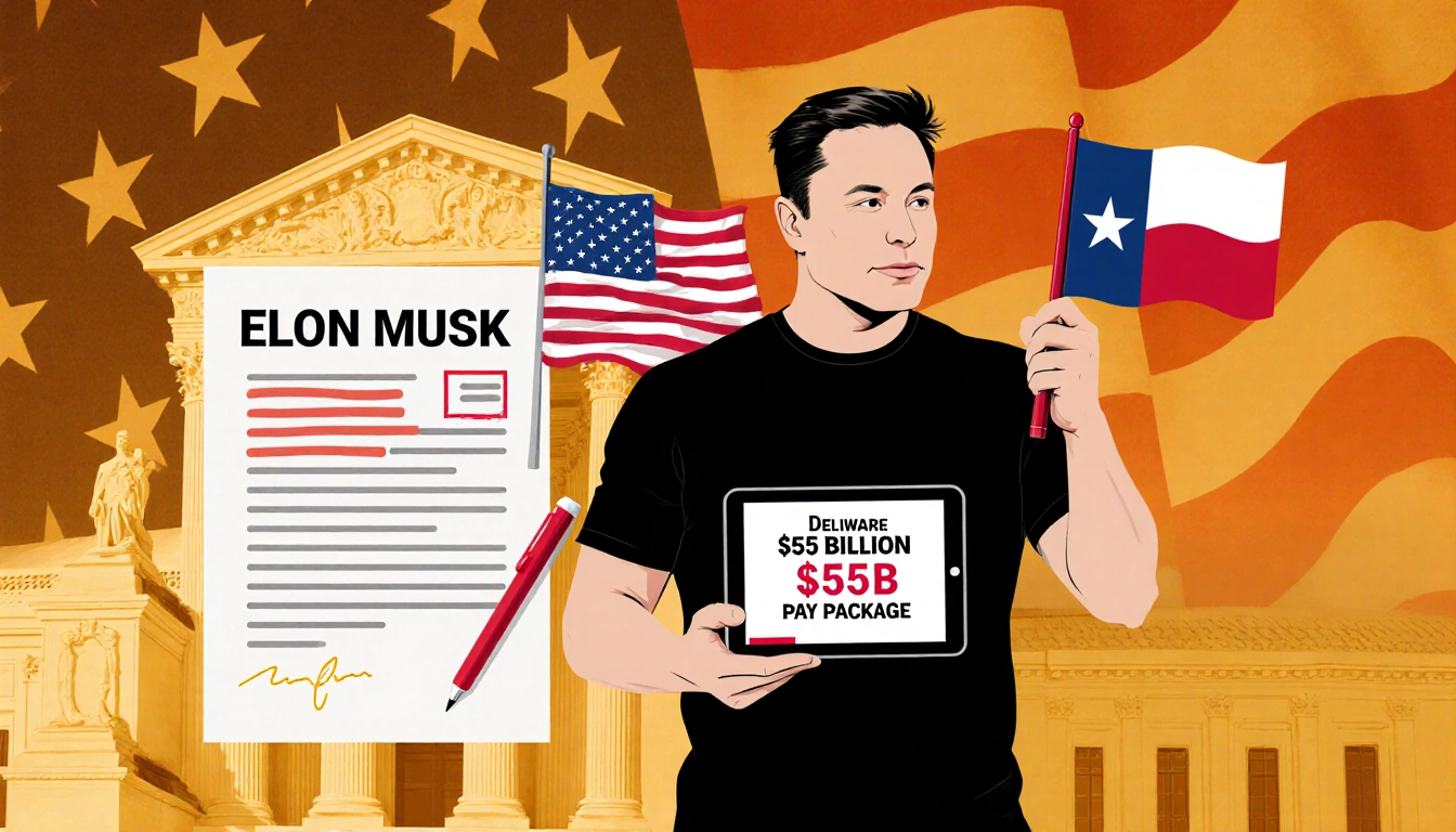 Elon Musk standing confidently with tablet showing $55 billion and Texas flag Delaware courthouse background and contract wit