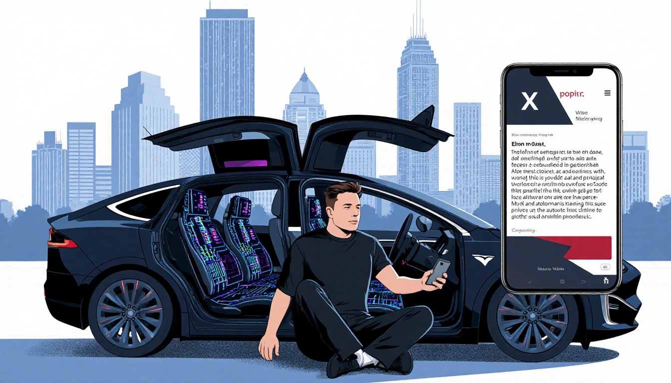 Elon Musk sits holding smartphone with X platform shown in front of Tesla robotaxi with open doors against Austin skyline