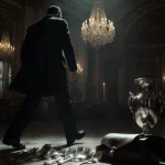 Shadowy gentleman slipping away with scattered silverware and a leather satchel in dimly lit Élysée Palace hall.