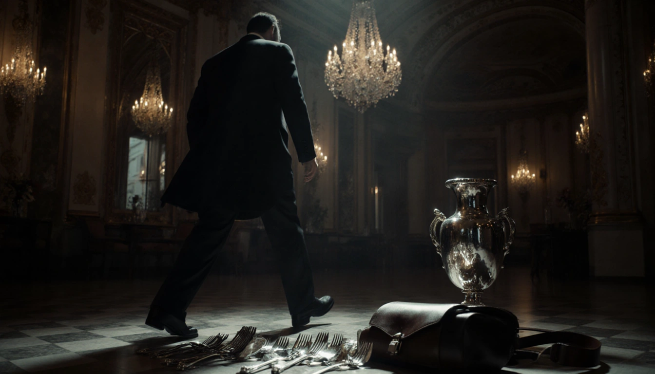 Shadowy gentleman slipping away with scattered silverware and a leather satchel in dimly lit Élysée Palace hall.