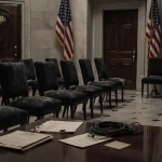 Embassy foyer displays dusty chairs and flags with abandoned cables on table near partially closed door