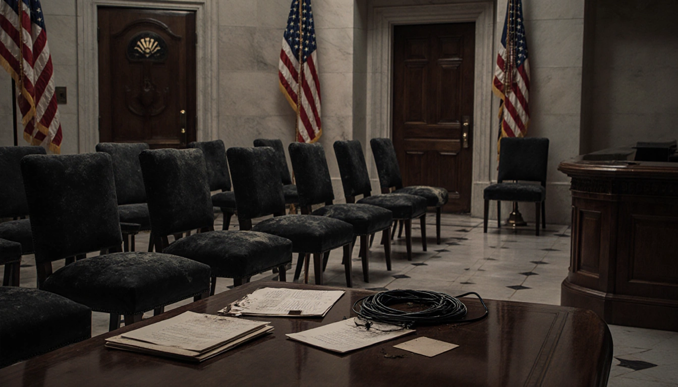 Embassy foyer displays dusty chairs and flags with abandoned cables on table near partially closed door