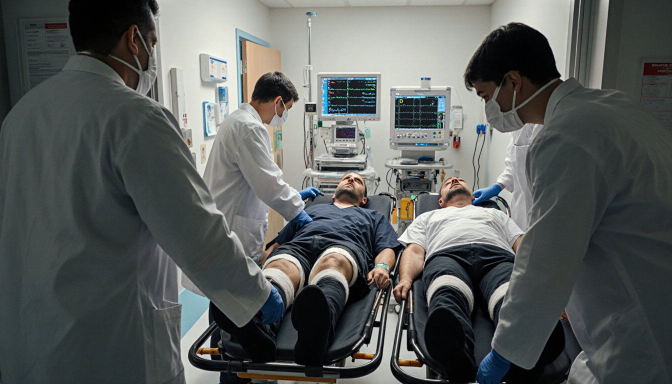 Eight patients rushed into ER on stretchers with doctors in white coats and monitors nearby.