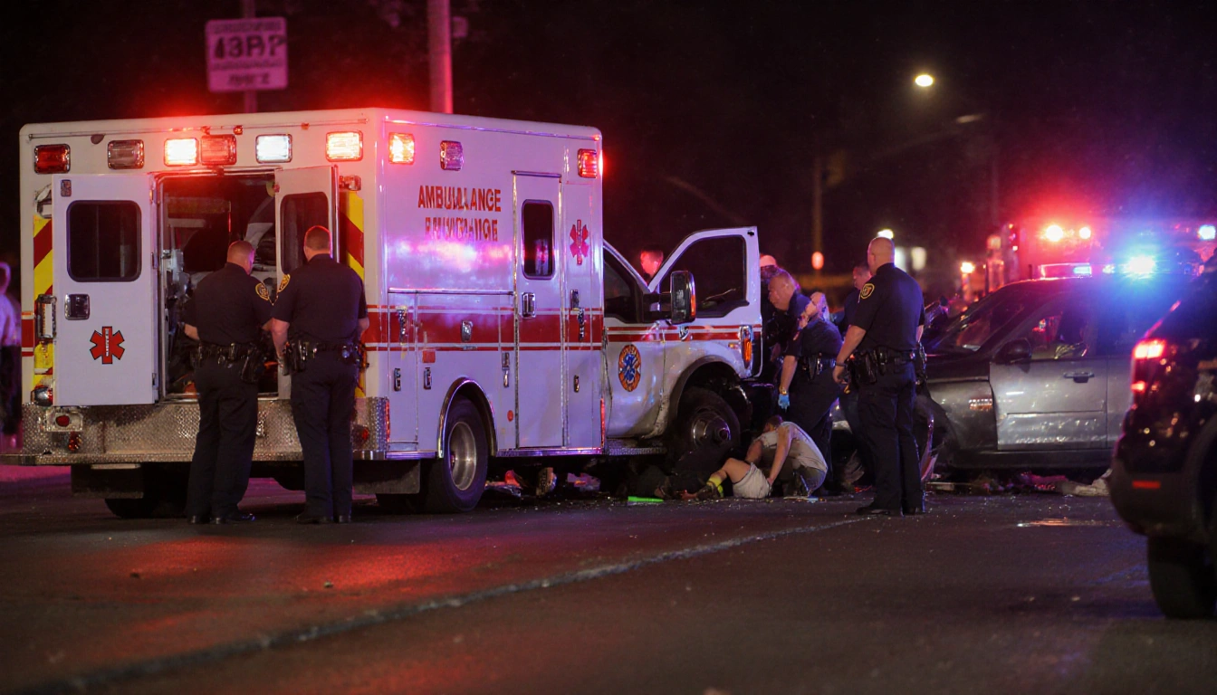 Ambulance with flashing lights is parked while paramedics tend injured people near chaotic intersection