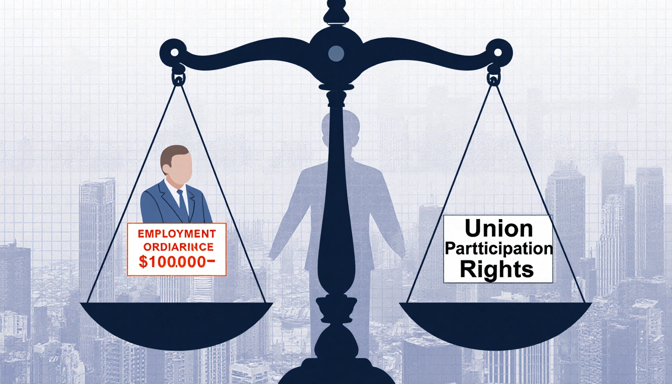 Scales balancing Employment Ordinance ($100,000 HKD) with Union Participation Rights and silhouette on Hong Kong grid