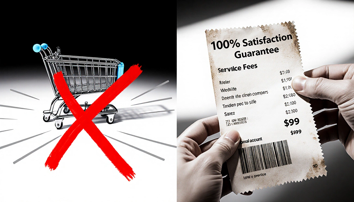 Customer holding receipt showing $99 charged and a faded 100% guarantee logo beside an empty cart with red X in split-screen