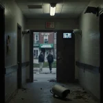 Broken surveillance camera lying on dusty school hallway floor with flickering fluorescent light and a partially open door