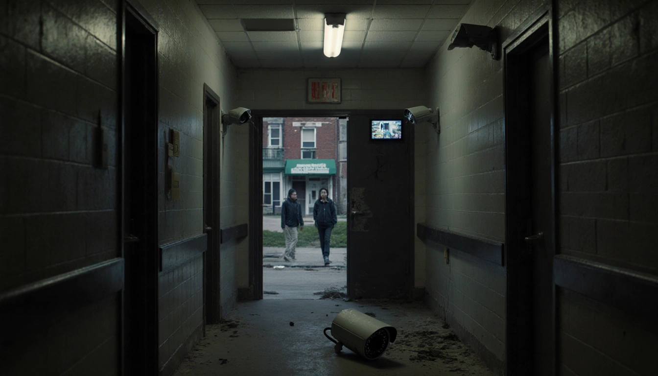 Broken surveillance camera lying on dusty school hallway floor with flickering fluorescent light and a partially open door