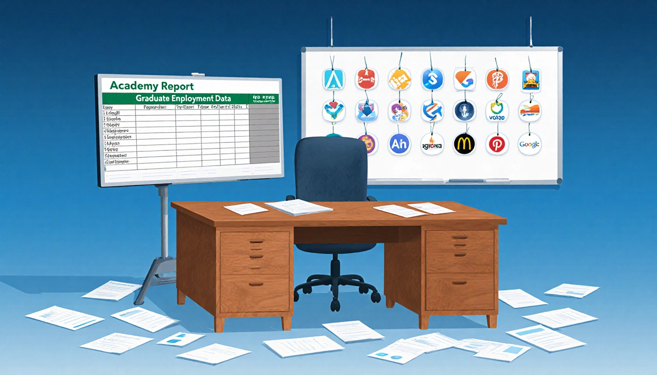 Desk showing an academic report spreadsheet with blurred rows and app icons on a whiteboard in a blue gradient room.