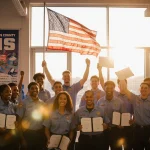 New EMT graduates hold diplomas with an American flag and recruitment poster while a sunset glow lights the hall