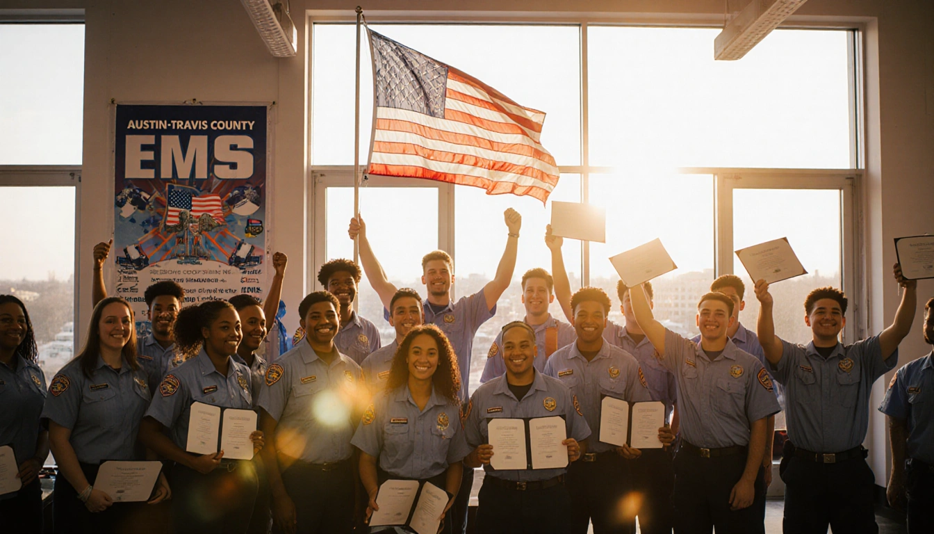 New EMT graduates hold diplomas with an American flag and recruitment poster while a sunset glow lights the hall