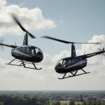 Two helicopters collide in midair over New Jersey with spinning propeller and tilted engine amid sunny sky