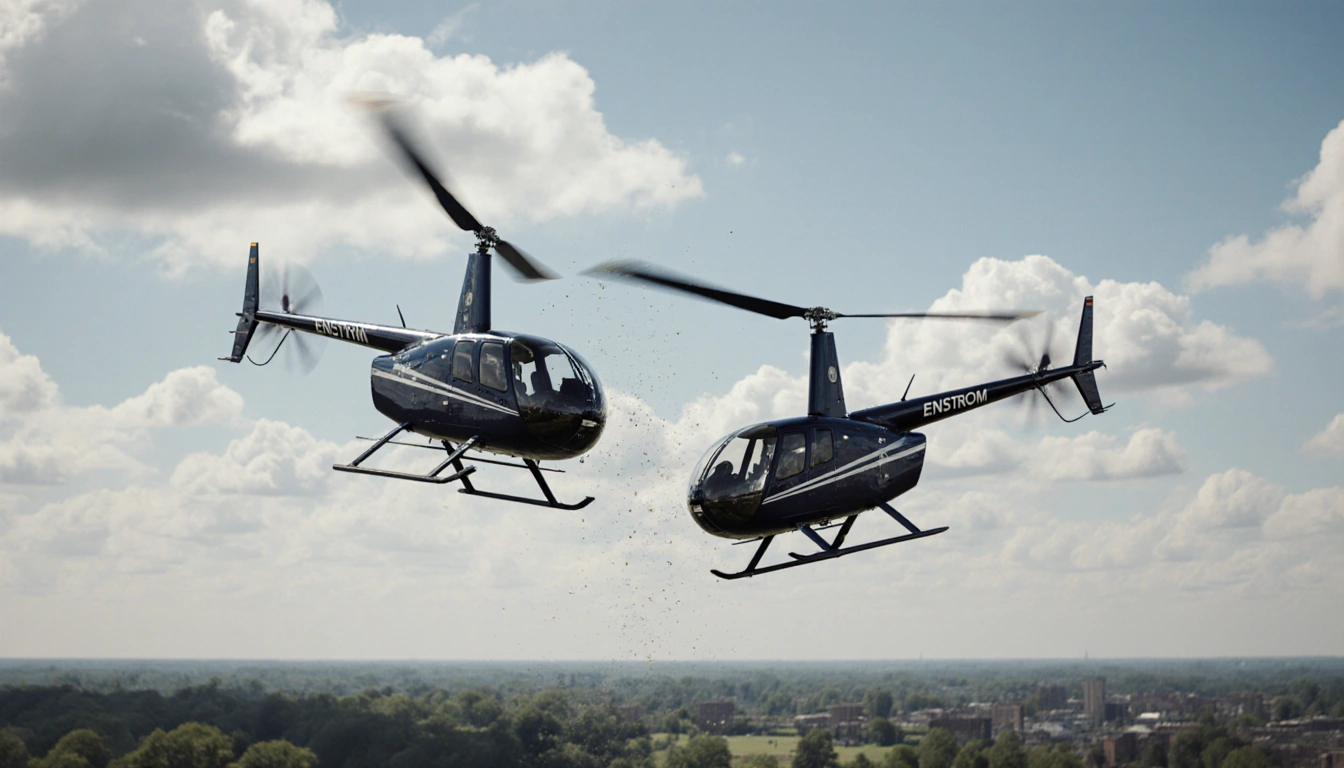 Two helicopters collide in midair over New Jersey with spinning propeller and tilted engine amid sunny sky