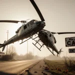 Vintage helicopters tangle in midair with twisted metal near a New Jersey roadside cafe sign