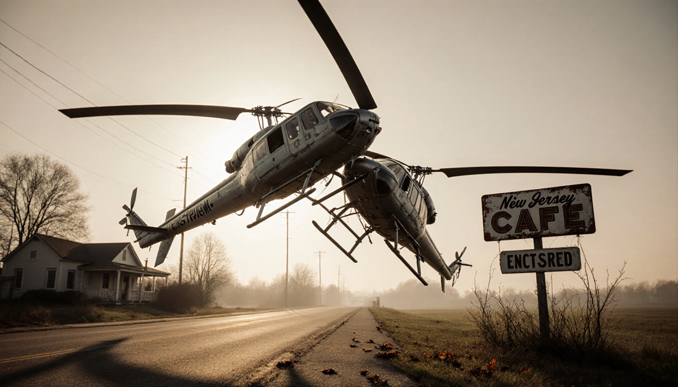 Vintage helicopters tangle in midair with twisted metal near a New Jersey roadside cafe sign
