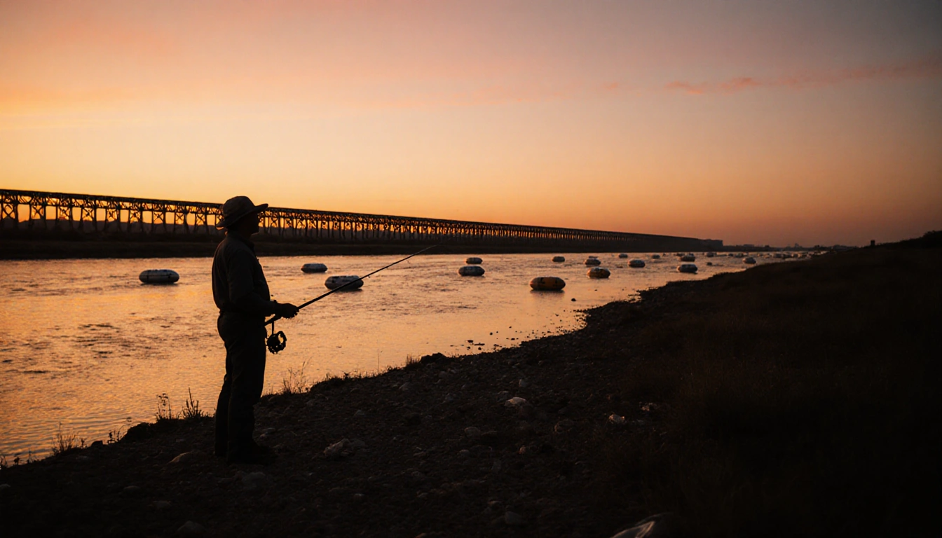 Environmentalist standing with a fishing rod near Rio Grande where buoys float and microplastics swirl in the water.