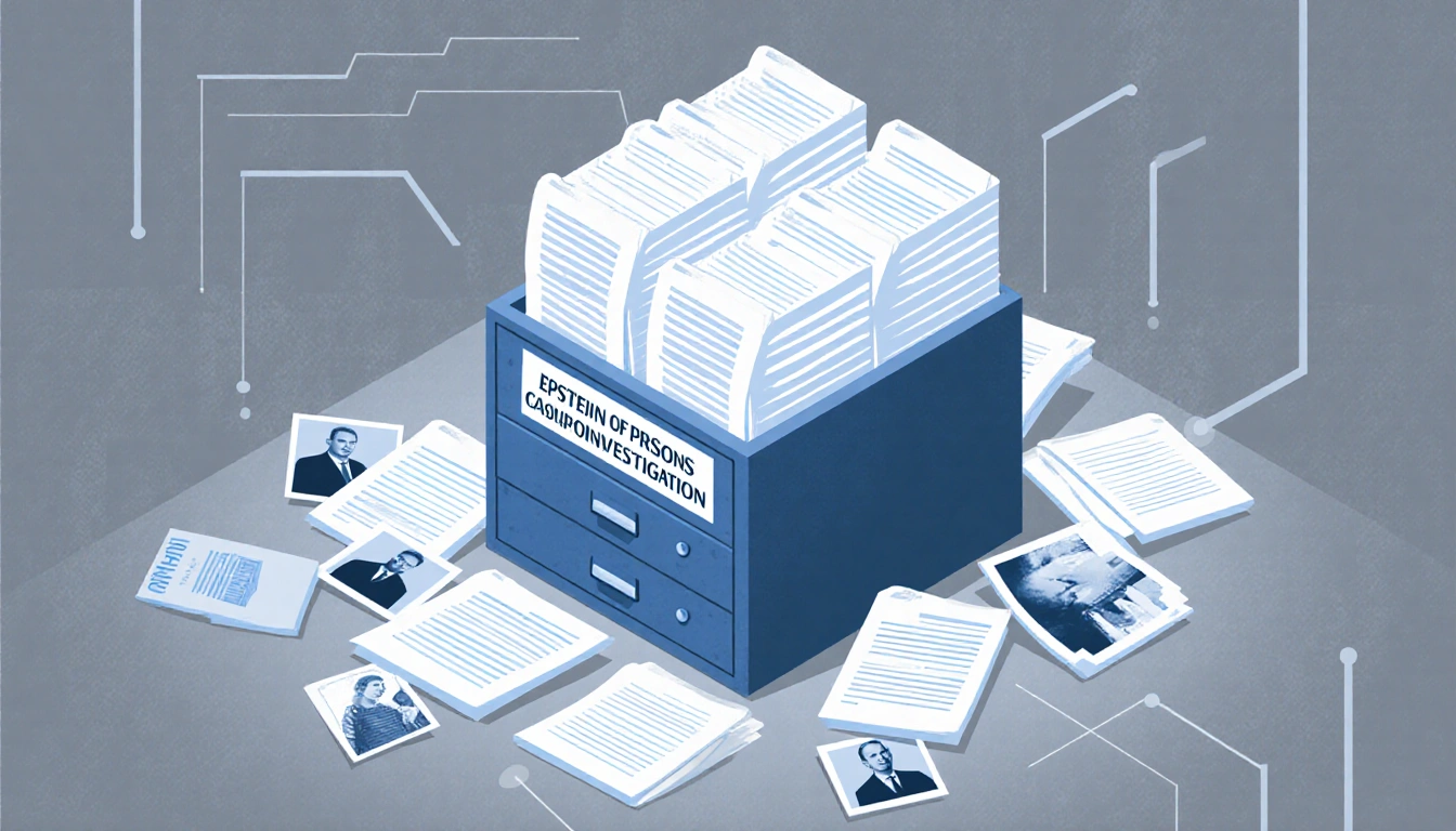 Digital file cabinet stacks case files with scattered court records and photos amid a muted blue gray office backdrop.