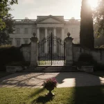 Grand entrance opens to modernist mansion with ornate iron gates and faded flower arrangement on steps surrounded by lush gre