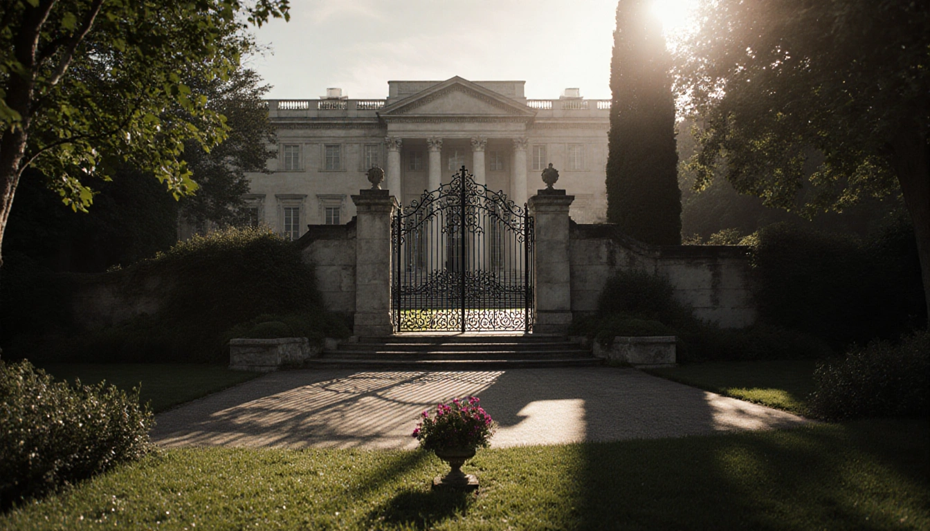 Grand entrance opens to modernist mansion with ornate iron gates and faded flower arrangement on steps surrounded by lush gre