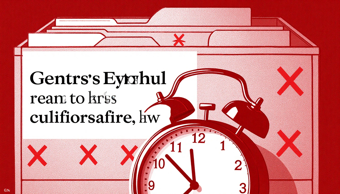 Clock counting 30 days with red and white urgency and file cabinet with red Xs showing withheld documents and failing to do s