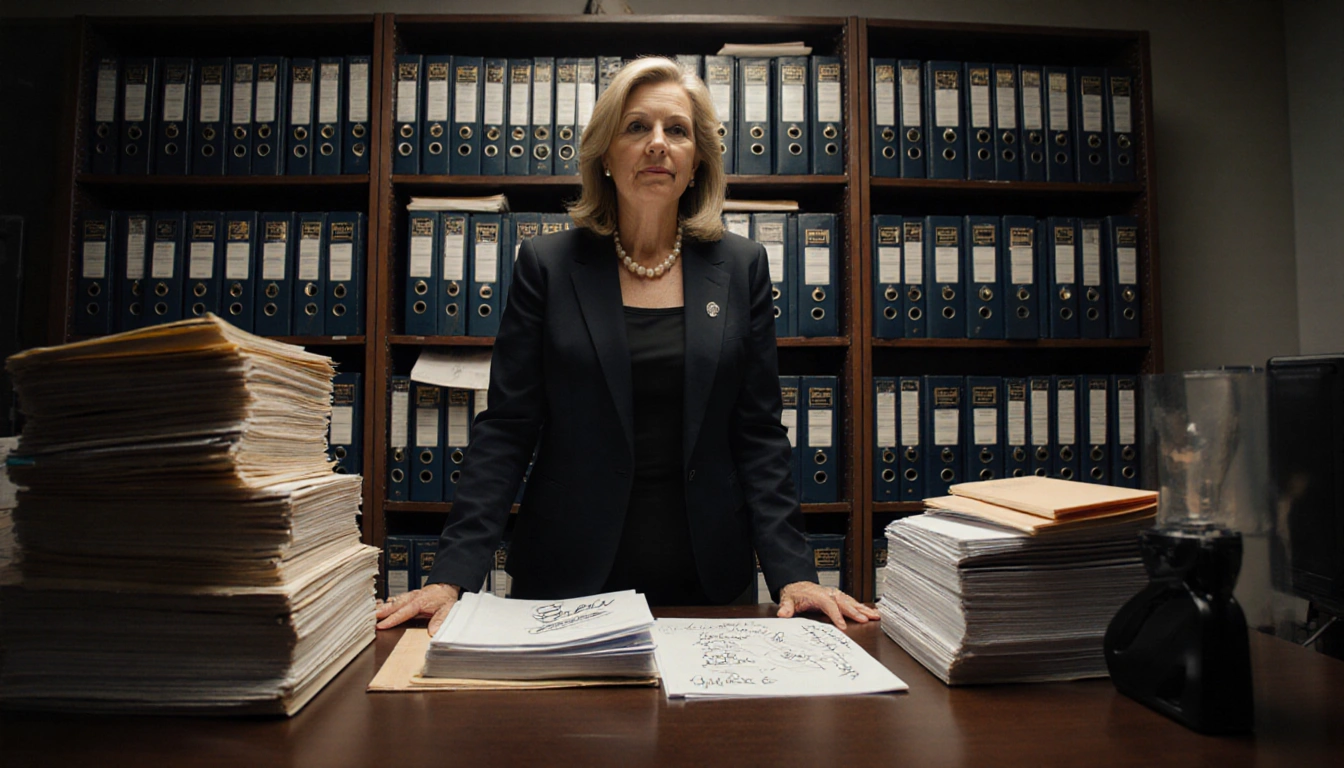 Attorney General Pam Bondi reviewing documents with files labeled Epstein Files stacked on shelves