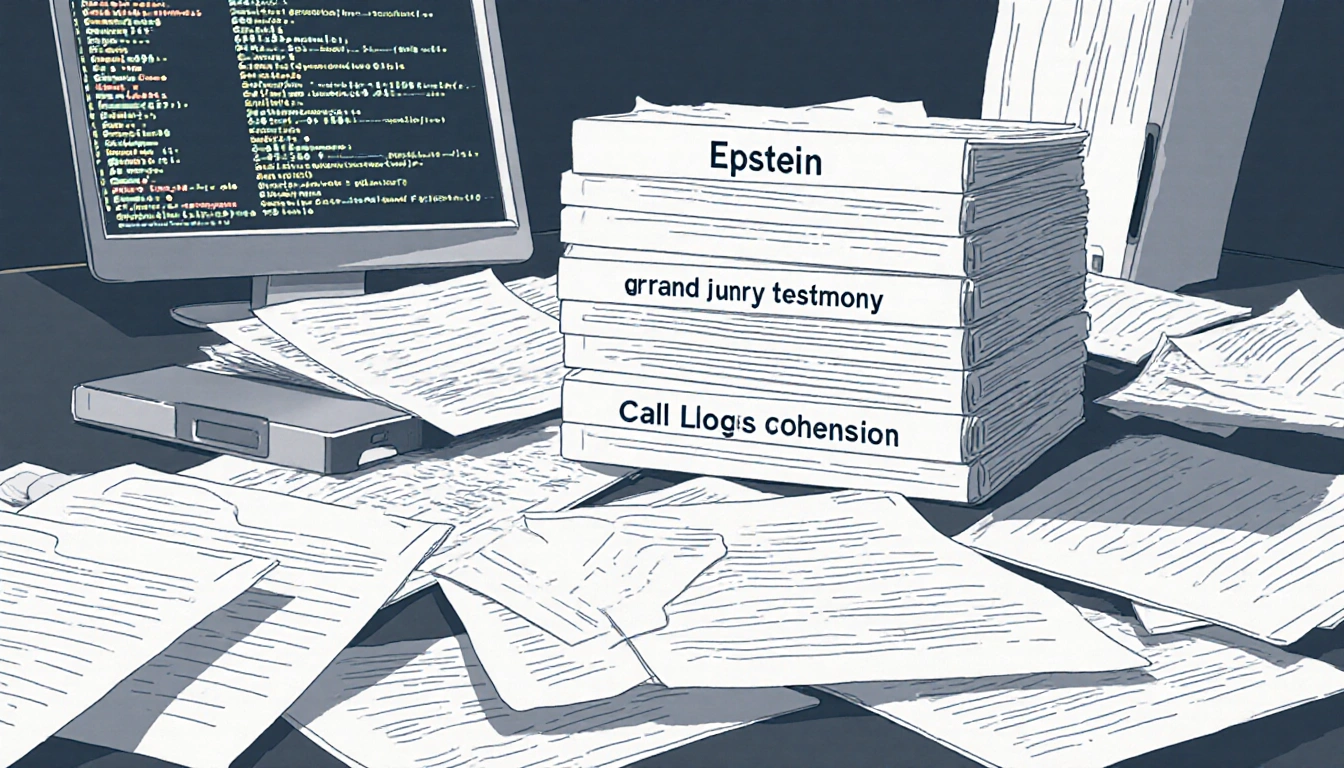 Desk contains cluttered files labeled Epstein grand jury testimony and call logs and glowing screens showing cryptic data