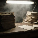Old wooden desk holds a large stack of files labeled Epstein Records with flickering fluorescent light and scattered papers