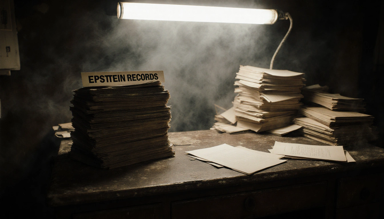 Old wooden desk holds a large stack of files labeled Epstein Records with flickering fluorescent light and scattered papers