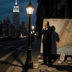 Eric Adams stands with hands in front of a city map in a dimly lit urban decay scene with blurred Manhattan skyline