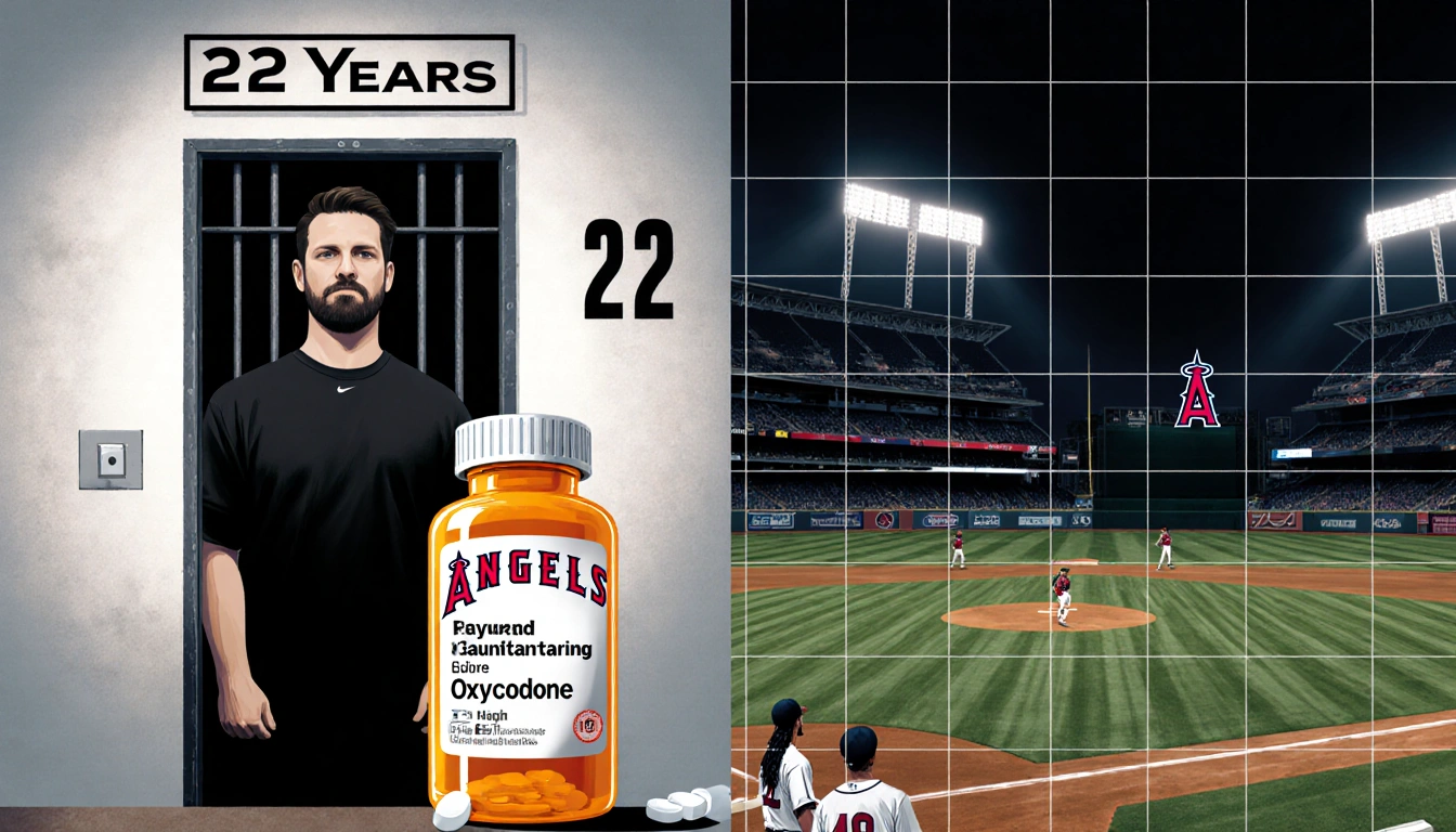 Eric Kay standing before prison door with pill bottle and dim stadium backdrop.