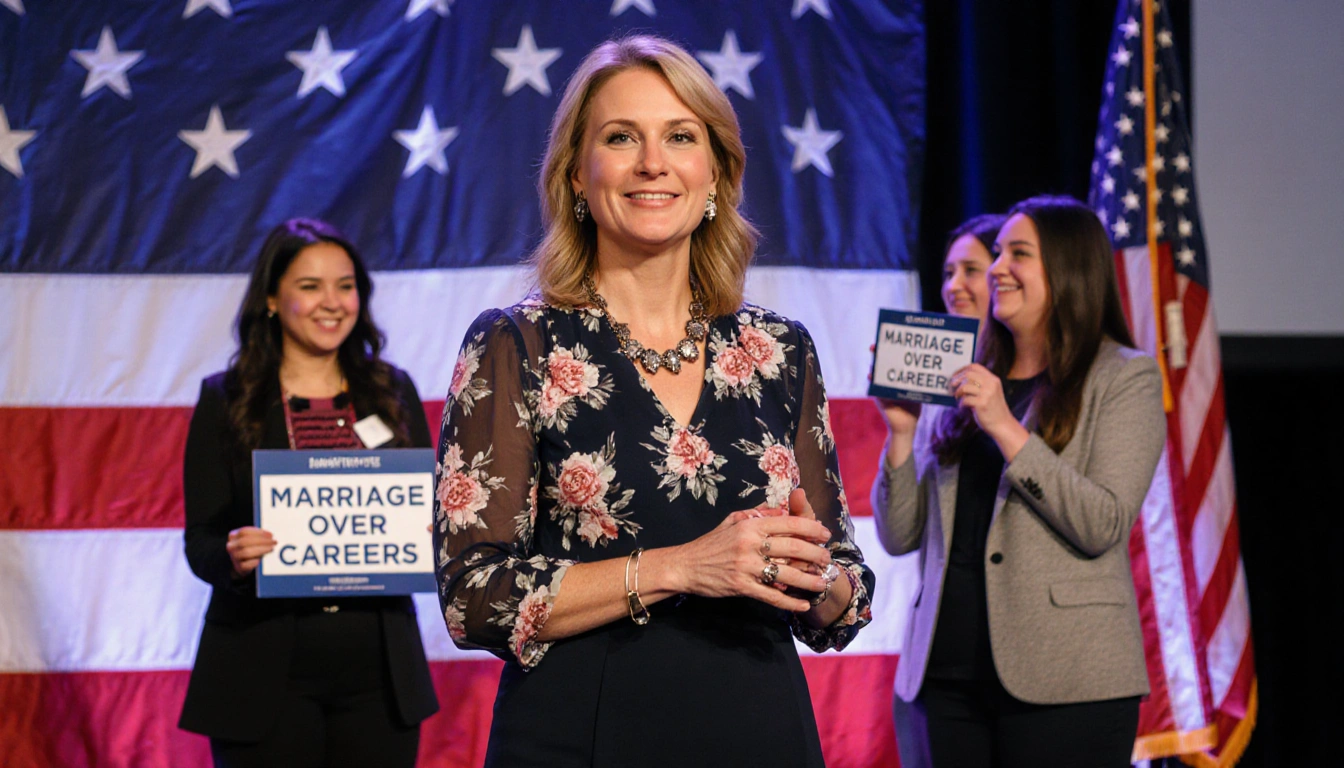 Erika Kirk standing flag backdrop and women discussing Turning Point values holding a Marriage Over Careers sign
