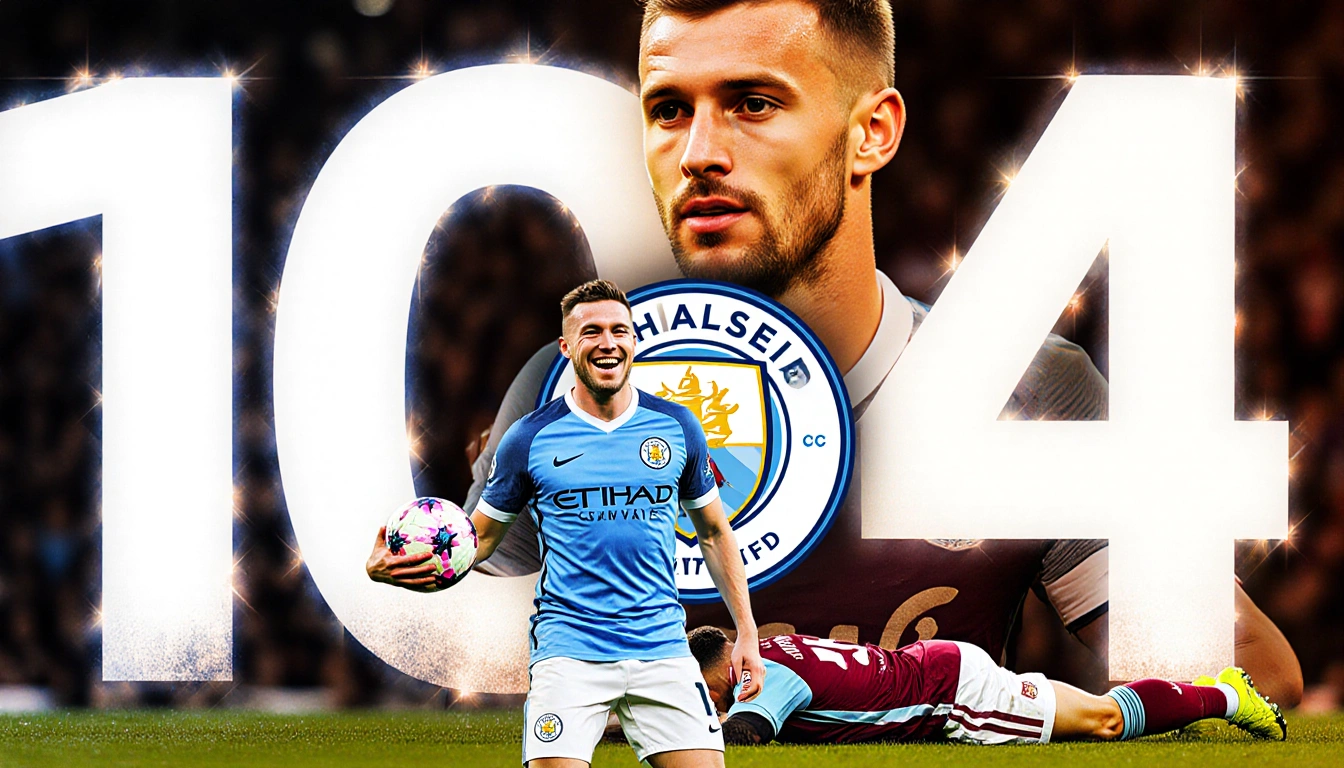 Erling Haaland celebrates his 104th goal with a football and a 103-plus-104 sign while a discarded West Ham jersey lies nearb