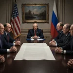 Leaders clasp hands and stare at document on summit table with American flag draped in Russian flags.
