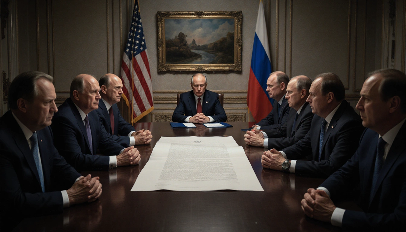 Leaders clasp hands and stare at document on summit table with American flag draped in Russian flags.