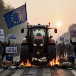 European tractor blocking a road in Brussels with protesters holding signs and burning trash and smoke and obscured EU flag