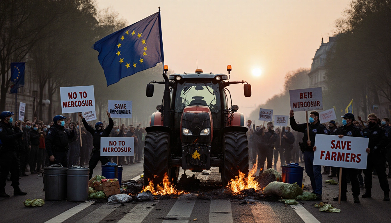 European tractor blocking a road in Brussels with protesters holding signs and burning trash and smoke and obscured EU flag