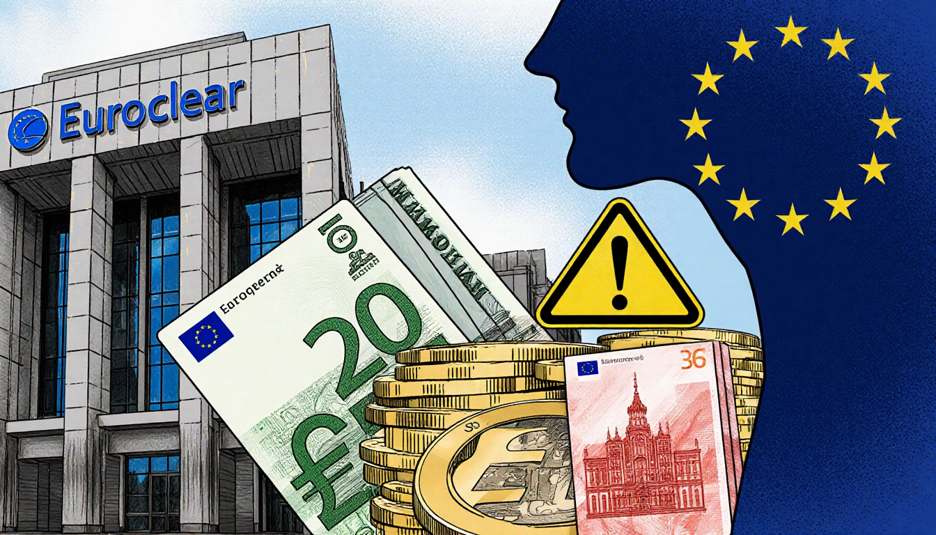 Euroclear clearing house processing assets with euros and rubles displayed near Russian Central Bank assets