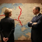 Two EU leaders stand side by side looking at Ukraine map with red loan line with Belgian leader clasping hands behind back