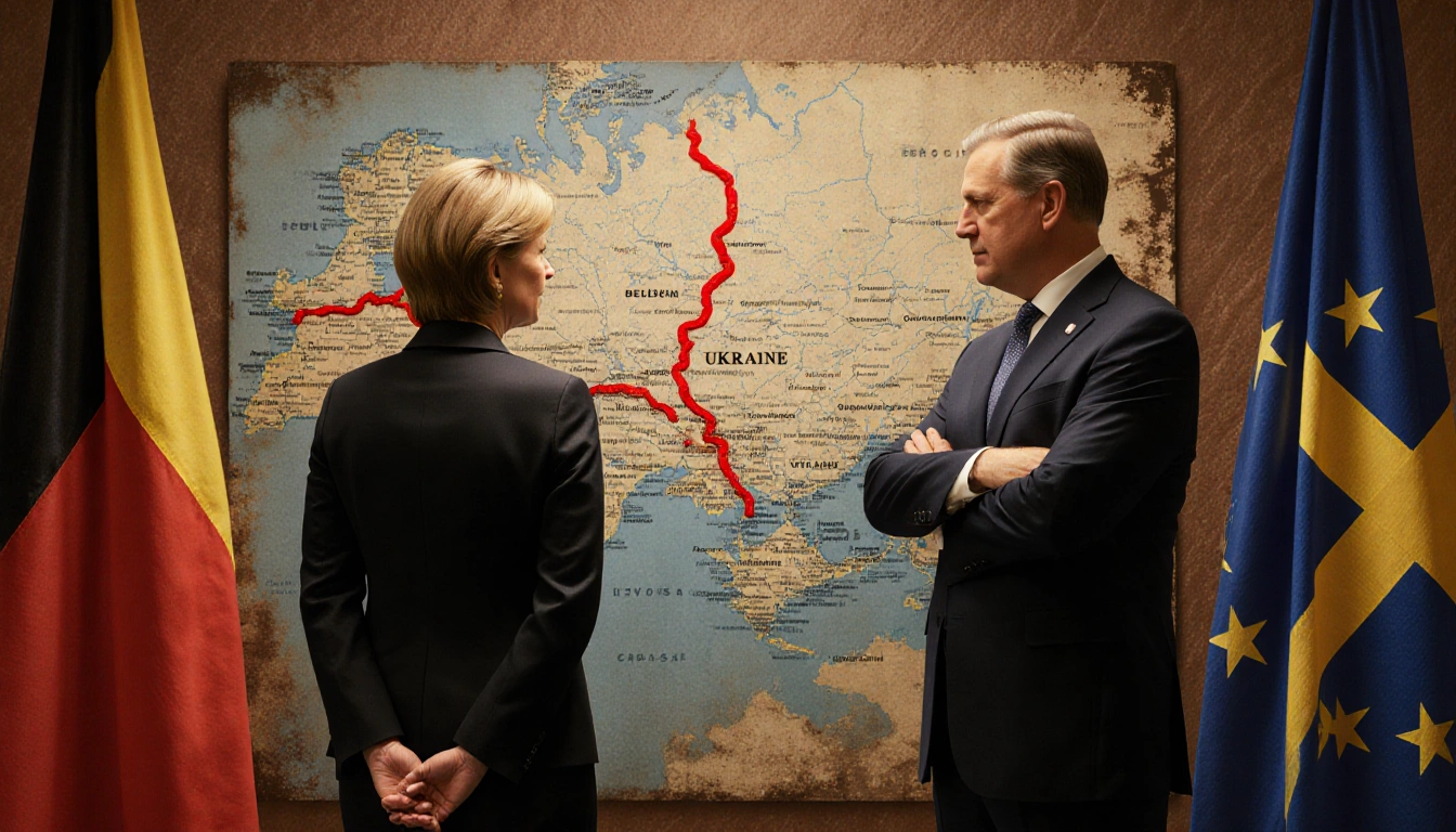Two EU leaders stand side by side looking at Ukraine map with red loan line with Belgian leader clasping hands behind back