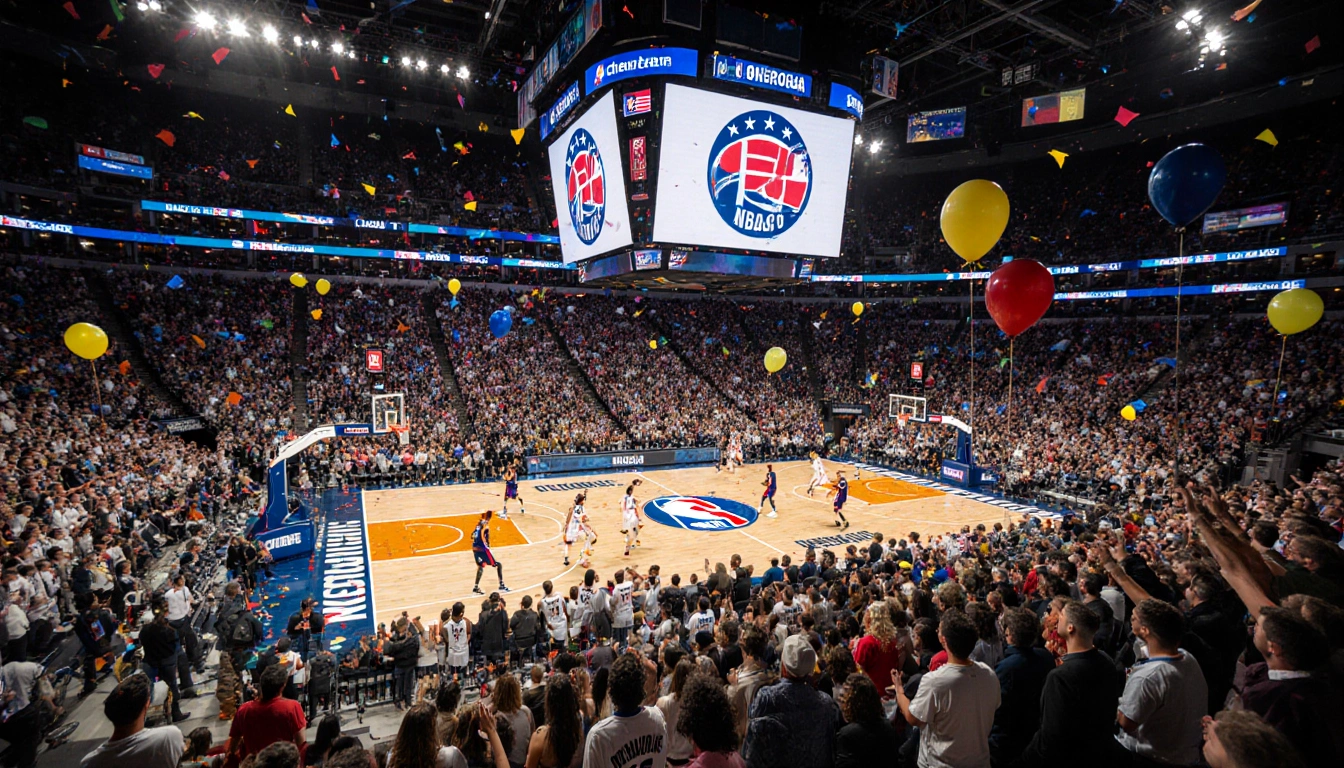 Fans cheering in a packed stadium with giant screens showing NBA logos and players like Luka Dončić dribbling on the court