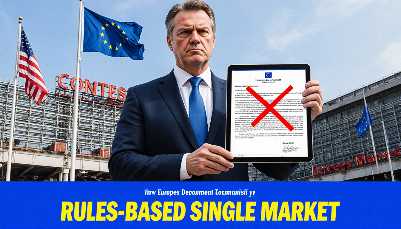 Commission official holds tablet with red X over US State Department notice as banner reads Rules-Based Market waving flags